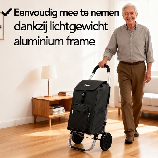Brixy Einkaufswagen - Zusammenklappbar - Mit Rädern - Abnehmbare Einkaufstasche - Einkaufswagen - Schwarz