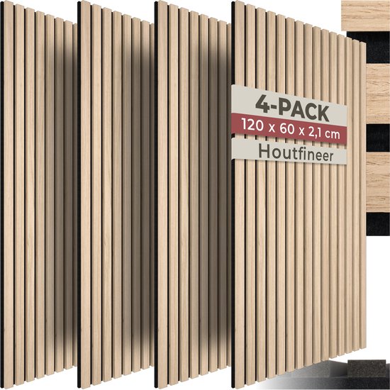 tectake® Akustikplatten – 4er-Set – Akustik-Wandplatte – 60 x 120 cm - 2,88 m² - Wandpaneele mit anpassbarer Größe - Lattenwand aus MDF und Holzfurnier - Schalldämmung - Stilvolle Wanddekoration - Einfache Montage - Helle Eiche