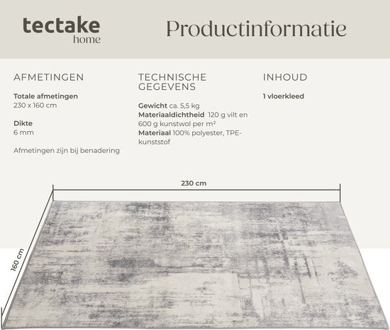 tectake Teppich im Vintage-Design - Niederflorteppich für Wohnzimmer, Kinderzimmer, Schlafzimmer oder Flur - Waschbar - Div. Größe - 160x230cm - beige/grau