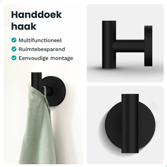 Mirlux Bad-Accessoires Set - Toilettenbürste mit Halter - Toilettenpapierhalter - Toilettenpapierhalter ohne Bohren - Handtuchhaken Selbstklebend - Ersatzpapierhalter - Toilettenbürstenhalter - Schwarz