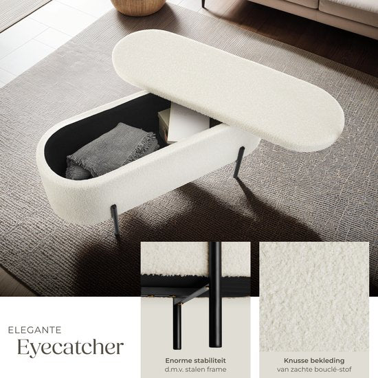 tectake Bank mit Stauraum - Sitzkasten mit Stauraum gepolstert - Sitzkasten mit Stauraum, gepolstert - Bouclé-Stoff im Scandi-Stil - 97x36x42cm - cremeweiß