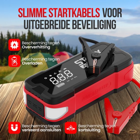 Strex - 12V Starthilfe mit Kompressor - 4000A - 24.000 mAh - 5-in-1 Funktion mit Led-Taschenlampe & SOS - Inklusive Hardcover-Tasche - Kunststoff - Schwarz & Rot