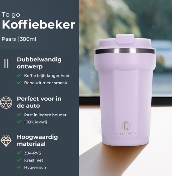 Castagnola Thermos Cup - Kaffeebecher To Go - Reisebecher für Kaffee und Tee - Teebecher - 380 ML - Edelstahl - Hellviolett - Achteck