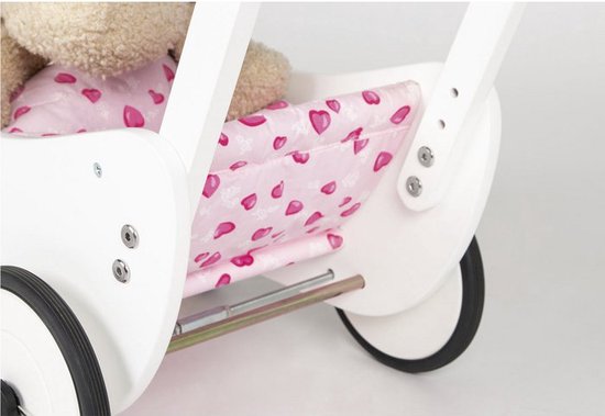 Pinolino Holzpuppenwagen „Trixi“ – Niedliche und langlebige Wiege – Massives Buchenholz mit Bettdecke „Herzen“ – weiß