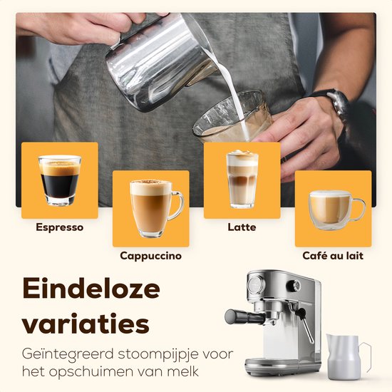 KitchenLove Kolbenmaschine - Edelstahl Espressomaschine - 20 Bar - manuell - mit Dampfdüse