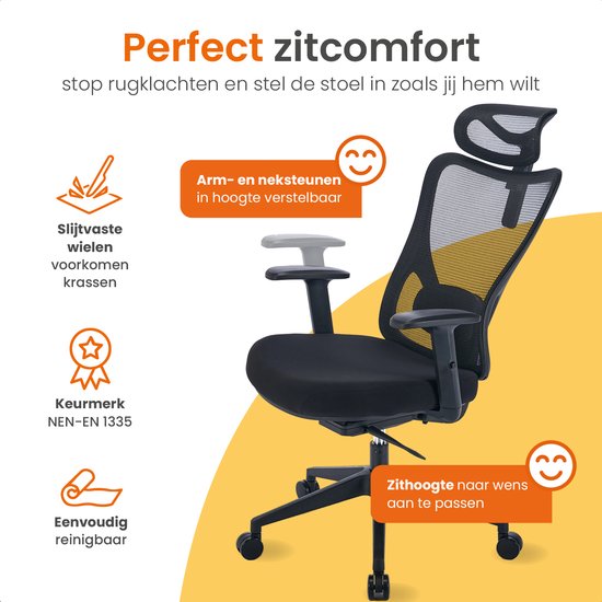 Goliving Ergonomischer Bürostuhl - Bürostuhl - Mit Kopfstütze - Bürostuhl - Verstellbar - Gaming - Für Erwachsene - NEN-1335 - Schwarz
