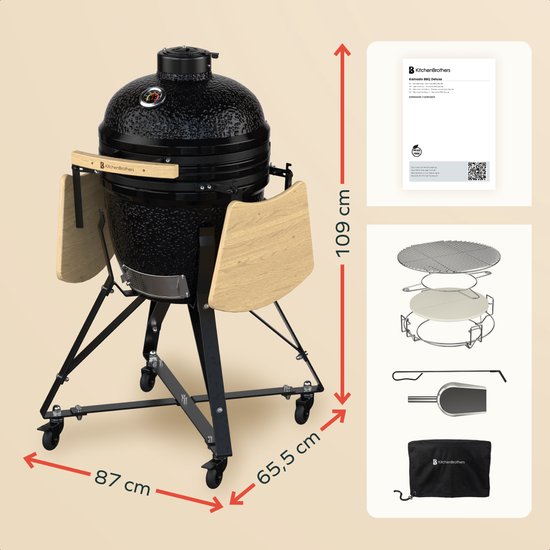 KitchenBrothers Kamado BBQ - 18 Zoll Holzkohlegrill - 38,5⌀ cm - Komplettset - Eiergrill mit Zubehör inklusive Abdeckung - Schwarz