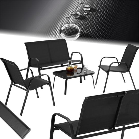 tectake® Garten-Set Nora - Moderne Sitzgruppe für 4 Personen - Lounge-Set mit Gartensofa und 2 Gartenstühlen aus atmungsaktivem, wasserabweisendem Textilgewebe - Balkonset mit Beistelltisch - Schwarz