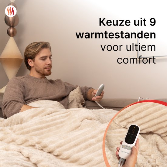 Seranova Heizdecke XXL - Extra Wärmedrähte - Gestreiftes Modell - 180x160 cm - Wärmedecke für 2 Personen - Doppelseitiges Vlies - Beige
