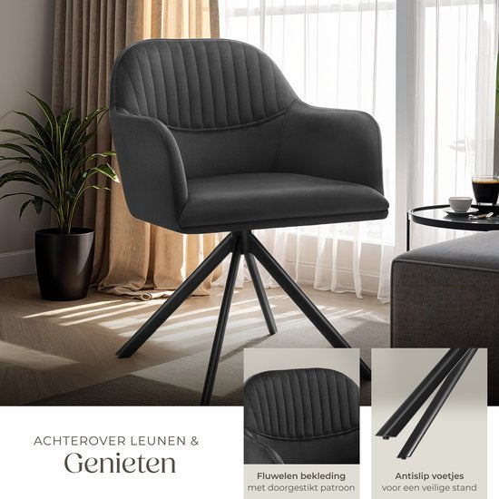 tectake® Velvet swivel chair - Bürostuhl - Esszimmerstuhl mit Armlehnen - Velvet office chair, kitchen chair, living room chair - 56 x 59 x 81 cm - Schwarz/Schwarz