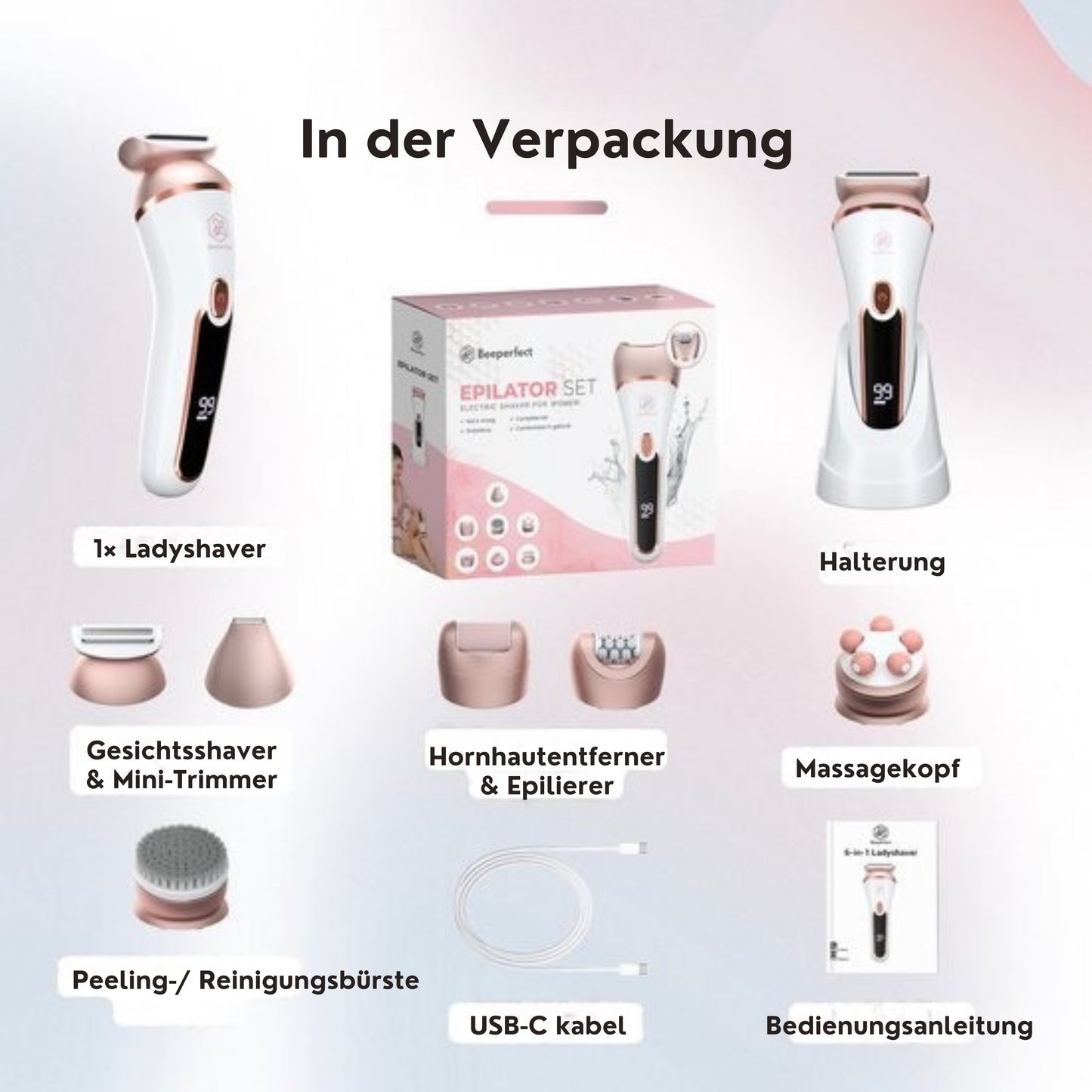 Beeperfect 7 in 1 Epilierer für Frauen - Bikini-Trimmer - Wiederaufladbar - Wasserdicht - 7 Aufsätze - Weiß/Rosa
