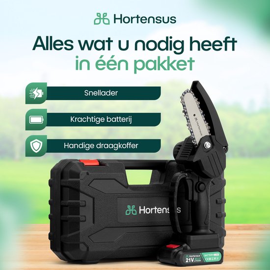 Hortensus Mini-Kettensäge - Inkl. Akku & Koffer - Akku 21 V – 10 cm