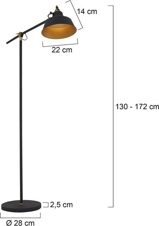 Schwarze Stehlampe Nove 1322ZW - Dreh- und schwenkbare Industrielampe mit goldenen Details, E27-Fassung, Metall und Kunststoff - Mexlite