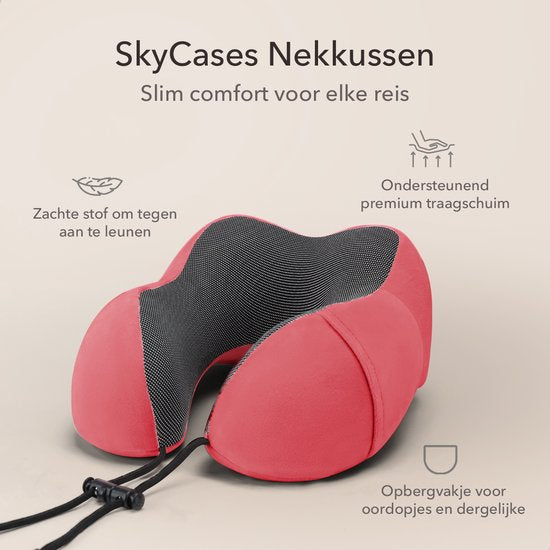 SKYCASES Travel Essentials - Nackenkissen-Set 3-teilig - Ergonomisches Memory Foam Reisekissen mit Augenmaske und Ohrstöpsel - Ideal für Flugzeug, Auto und Zug - Kompakt und luxuriös - Rot