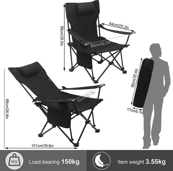 Campingstuhl, klappbarer Klappstuhl, Angelstuhl, leichter Strandstuhl, Klappstuhl mit Rückenlehne, Becherhalter, Aufbewahrungstasche, 150 kg Belastbarkeit, schwarz