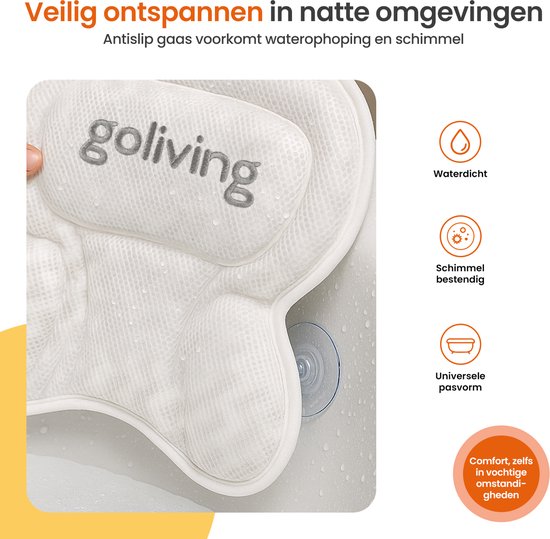 Goliving Badekissen - Ergonomisches Kissen für die Badewanne - Mit 6 Saugnäpfen - Inklusive Waschbeutel - Rutschfest, leicht & wasserdicht -100% Polyester - Weiß