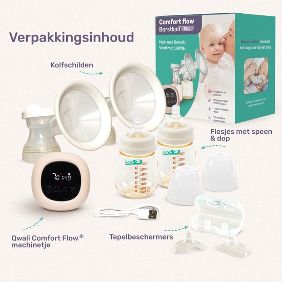 Qwali Comfort Flow® Elektrische Milchpumpe - BPA frei - Inkl. 2 Milchflaschen - Kabellos - Weiß