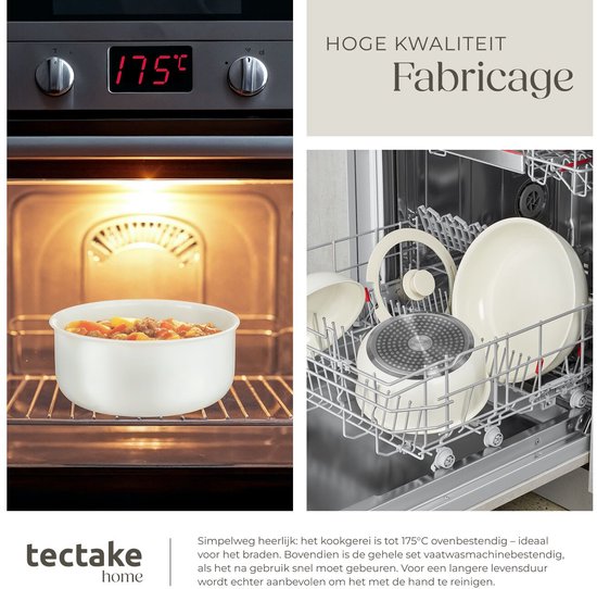 tectake® 16-teiliges modernes Pfannenset - 3 Bratpfannen - 2 Kochpfannen - Induktionsgeeignet - Inklusive Deckel, abnehmbare Griffe und Schutzkappen - Pfannen aus Aluminium mit keramischer Antihaftbeschichtung - Backofenfest bis 175° - Weiß