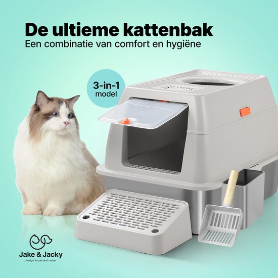Jake und Jacky Edelstahl Katzenklo Hop In - Katzentoilette Edelstahl - Inkl. Katzenklo Schaufel mit Halterung und Streusammelschritt - Top Entry - 3 in 1 offenes Katzenklo mit abnehmbarem Deckel - 60x40x38cm