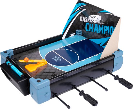 Umbro Tischfußballtisch Modell - 5-in-1 Tischspiel - 40 x 30 x 25 CM - Tischfußballspiel - Fußball, Hockey, Basketball, Tennis und Bowling - Schwarz/Blau