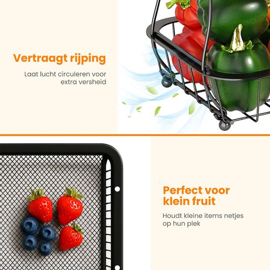 Posity Fruit Bowl 3 Layer - Obstkorb - Obst Etagere - Gemüsekorb - Drahtkorb - Mit Bananenhalter - Holz & Metall - Schwarz
