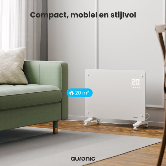 Auronic Elektroheizung - Konvektorheizung mit Thermostat und Fernbedienung - Glasheizkörper - 1500W Heizleistung - Weiß