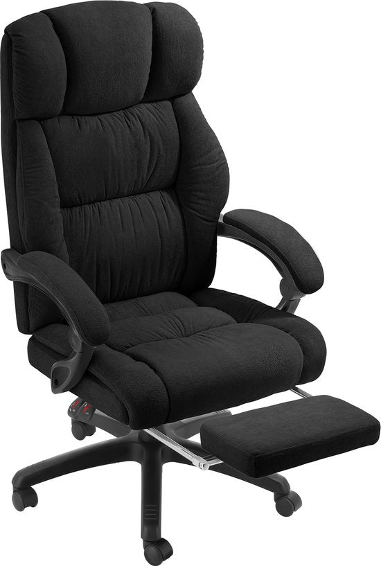 tectake® Luxus-Bürostuhl - Ergonomischer Chefsessel mit Fußstütze und Kopfstütze - Stuhl für Büro oder Schreibtisch mit dicker Velours-Polsterung - Bürostühle für Erwachsene - leichtgängig drehbar, mit Rädern - Rückenlehne und Höhe verstellbar - Schwarz