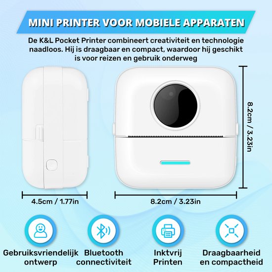 Mini-Drucker für das Handy - inkl. 6 Papierrollen, 5 Aufkleberrollen, 3 Farbrollen und Farbstiften - mobiler Taschendrucker - ohne Tinte - kabellos - weiß