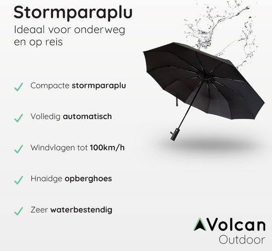 Volcan Storm Umbrella Foldable - Regenschirme - Faltbar - Ø 110 cm - Winddicht bis zu 100km p/h - Großer Regenschirm - Automatik - Schwarz