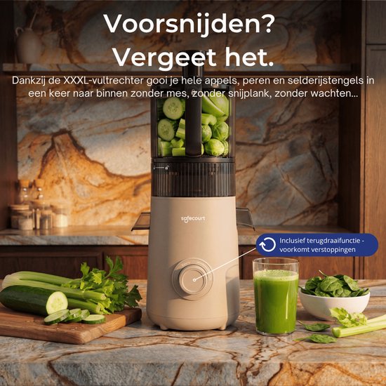 Safecourt Kitchen Slow Juicer XXL - leistungsstarker Motor [Vorschneider & Kaltpress-Technologie] - einfache Reinigung - BPA-frei - Entsafter Beige