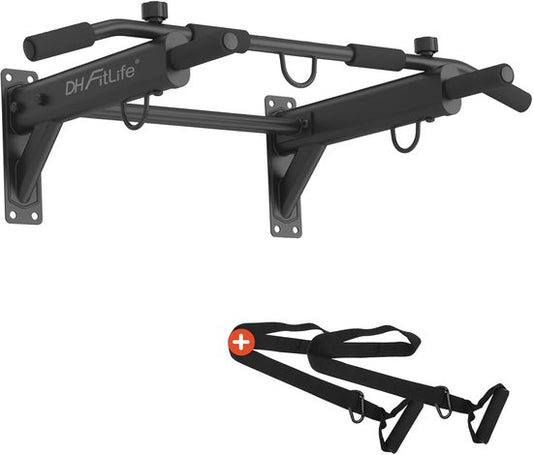DH FitLife 4-in-1 Wandklimmzugstange mit Spreizstecker, multifunktionale Klimmzugstange für zu Hause bis 200 kg | 6 rutschfeste Griffe | 3 Ösen für Boxsack & Schlingentrainer | sicher und stabil