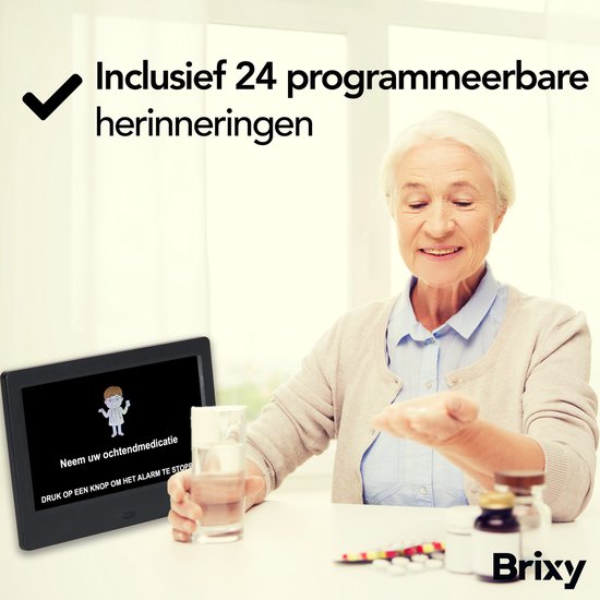 Brixy Demenz-Uhr - 24 Alarmfunktionen - Inkl. Fernbedienung - Automatische Dimmfunktion - Kalenderuhr - Schwarz