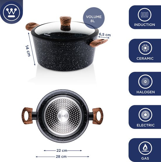 Westinghouse Black Marble Kasserolle - 28 cm – Antihaftbeschichtung – Induktion geeignet – PFOA-frei – Backofenfest bis 160°C - Schwarz