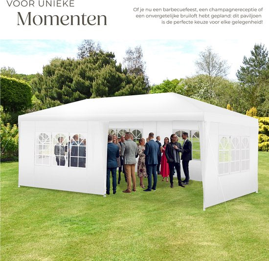 tectake® Pavillon Novara - Partyzelt 3x6 m - Wasserdichte Plane mit 5 abnehmbaren Seitenwänden - Wetterfester Gartenpavillon - Inklusive Spannleinen und Heringe - Weiß