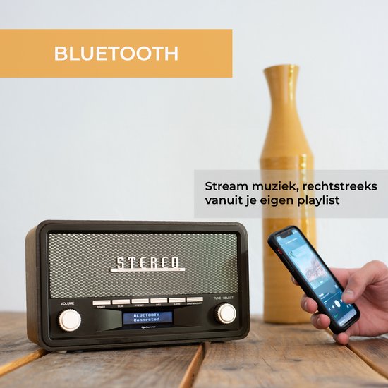 Denver DAB-Radio - Retro-Radio - Bluetooth - DAB+/ FM - Dimmbar - Batterien & Netzanschluss - DAB18DG