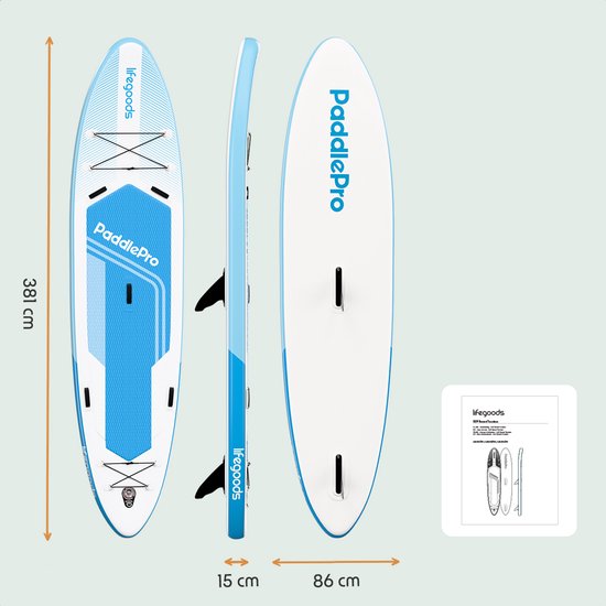 LifeGoods SUP Board Tandem - 2 Personen - 220 KG Belastbarkeit - 381 x 86 cm - Aufblasbar - Komplettes SUP Paket - Himmelblau