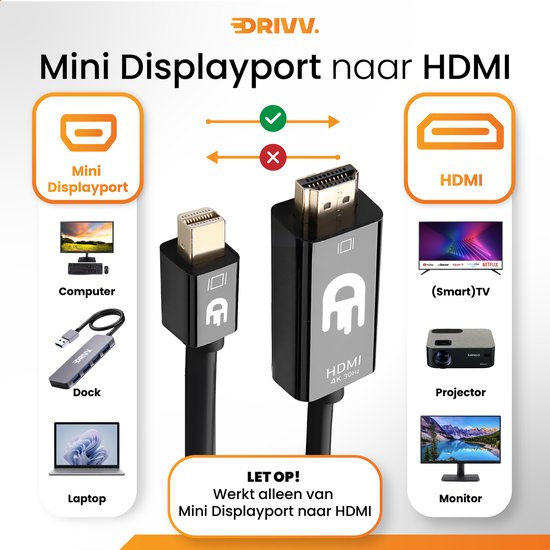 Drivv. Premium Mini DisplayPort zu HDMI Kabel - Thunderbolt zu HDMI - Thunderbolt 1/2 - 4K 30Hz - Schwarz - 1,8 Meter
