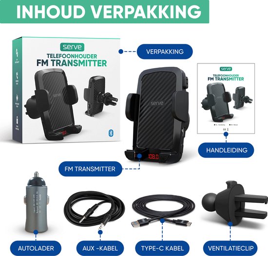 Serve 2in1 Bluetooth FM Transmitter & Telefonhalterung Auto - Car Kit für Musik - Telefonhalterungen Autozubehör - Lüftungshalterung