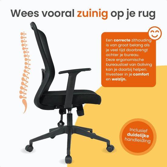 Goliving Ergonomischer Bürostuhl - Bürostuhl - verstellbar - auf Rollen - für Erwachsene - NEN-1335 - Schwarz