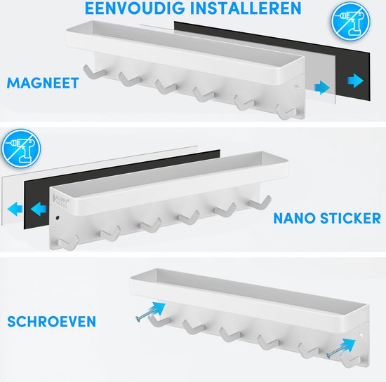 Happy Goods® Schlüsselregal Weiß - Schlüsselschrank für den Innenbereich - Selbstklebend - Schlüsselhalter - Edelstahl - Schlüsselorganizer - Schlüsselbrett Modern - Schlüsselregal inklusive Schrauben - Schlüsselschränke