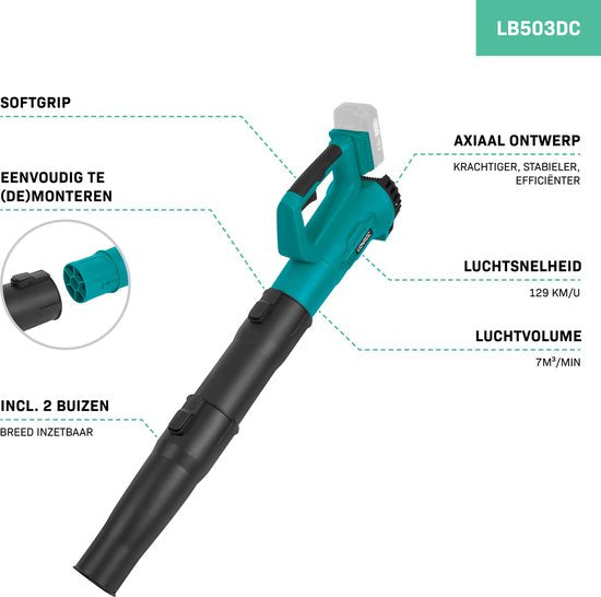 VONROC Accu Laubbläser 20V - Axialmodell - Luftgeschwindigkeit 129 km/h - Luftmenge 7m3/min - Ohne Akku und Ladegerät