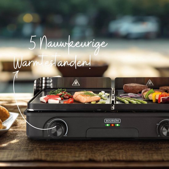 Bourgini Plancha Pure for 8 - Keramikbeschichtet (PFAS-frei) - Elektrisch - Gesundes Grillen - Backblech - Griddleplatte - Drehbare Grillplatte gerippt und flach
