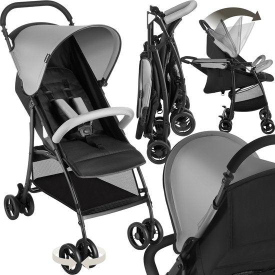 tectake® Buggy - Kinderwagen - faltbar, 5-Punkt-Gurt, verstellbare Rückenlehne und Beinauflage - mit Bremse, leichtgängige Räder - praktischer Ablagekorb - schwarz/grau