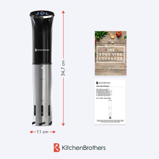KitchenBrothers Sous Vide Stick - Bis zu 95°C - Eingebauter Timer - Präzisionskocher - 1200W - Schwarz/RVS