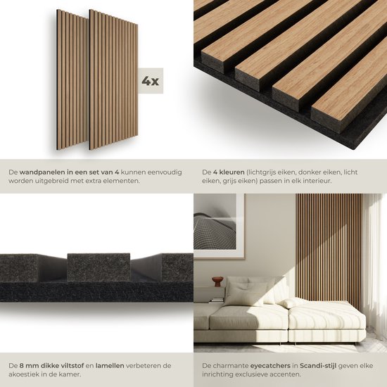 tectake - 4er-Set Akustikpaneele Sonic Wall - Schallabsorbierendes Paneel - Schalldämmung - Akustikwandpaneel - 120x60x2,1cm - Akustische Wanddekoration - Eiche hell