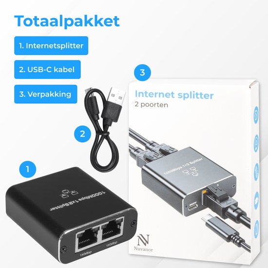 Nuvance - Internet-Splitter - 2 Ports - Netzwerk-Switch - bis zu 1000Mbps - Netzwerk-Splitter - RJ45, Cat5, Cat6, LAN, UTP, Ethernet-Splitter - Schwarz