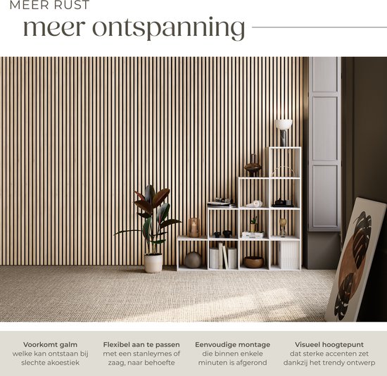tectake® Akustikplatten – 4er-Set – Akustik-Wandplatte – 60 x 120 cm - 2,88 m² - Wandpaneele mit anpassbarer Größe - Lattenwand aus MDF und Holzfurnier - Schalldämmung - Stilvolle Wanddekoration - Einfache Montage - Helle Eiche