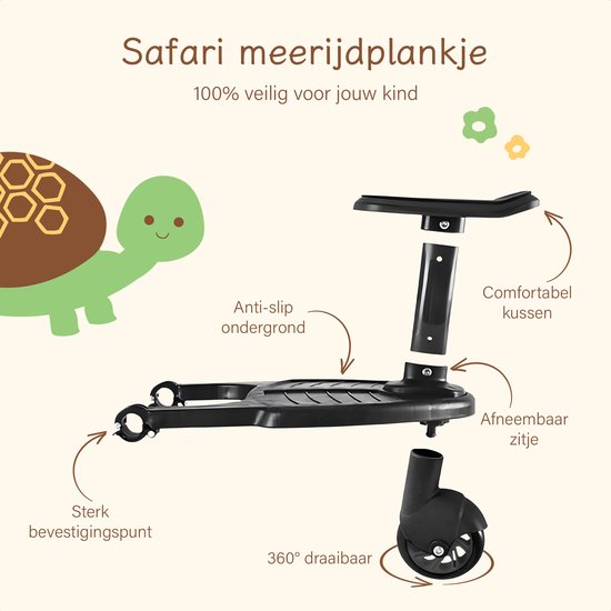 Safari Aufsitzbrett - Einzelrad - Für horizontale Achse mindestens 23 cm - Durchmesser max. 2,5 cm - Schwarzer Kunststoff & Metall - Wendig & Universell - Ideal für Kleinkinder