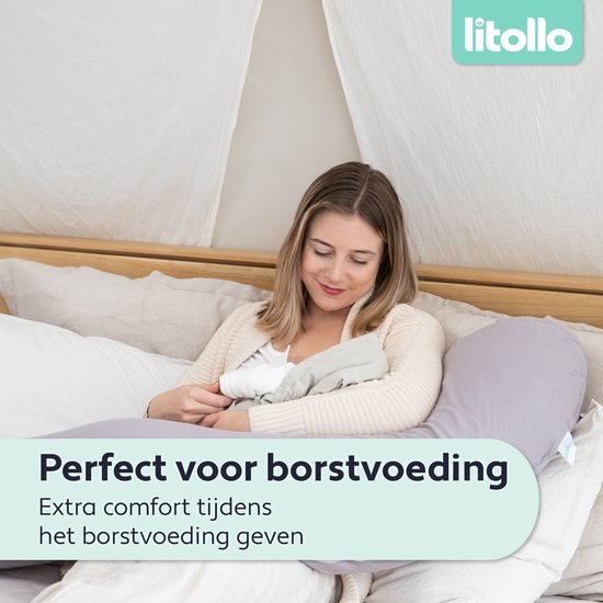 Litollo® Schwangerschaftskissen (J-förmig) - Seidenkissen - Stillkissen - Körperkissen - 145cm - Abnehmbarer Bezug - Grau
