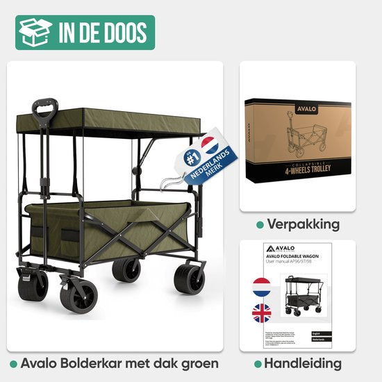 Avalo Bolderkar mit Dach XL faltbar - bis zu 110KG Tragfähigkeit - 120L - 97x60x105 CM - 360º Räder - Bolderwagen / Bolderwagen / Strandwagen / Trekkingwagen / faltbarer Bolderkar - Für Strand - Grün